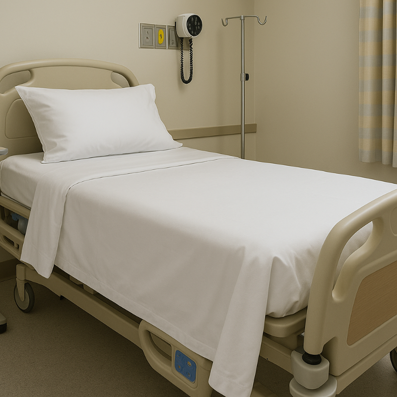 Hospital bed with white sheets and pillow in a room with beige walls and curtains.