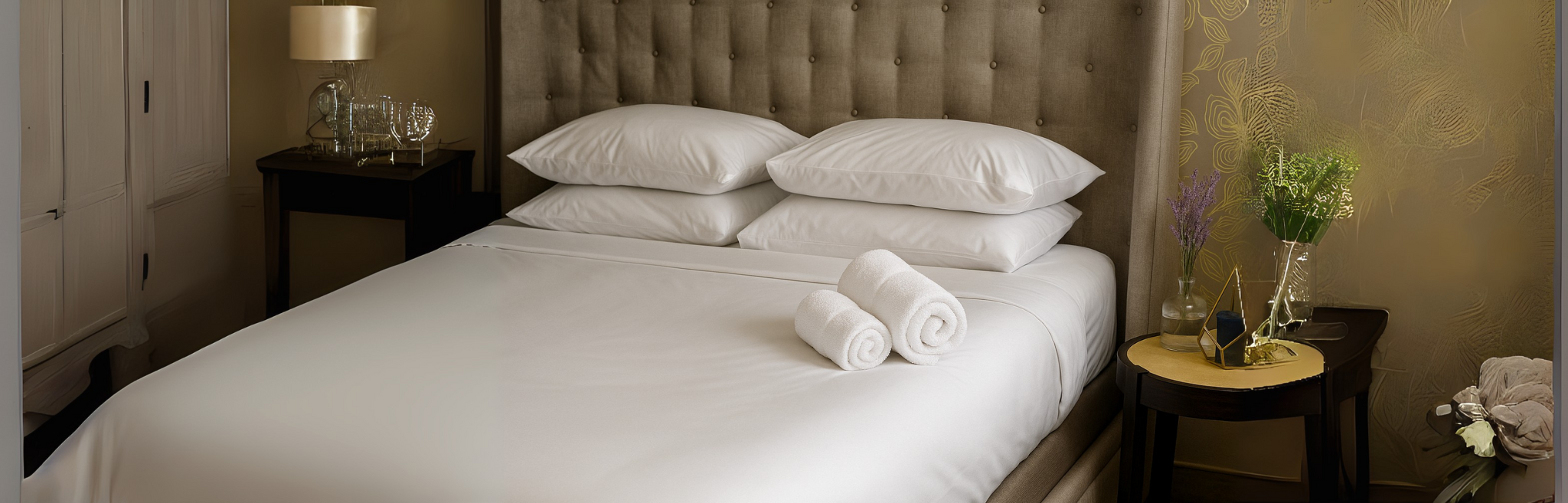 Bedroom with a neatly made bed, nightstands with lamps and decorative items.