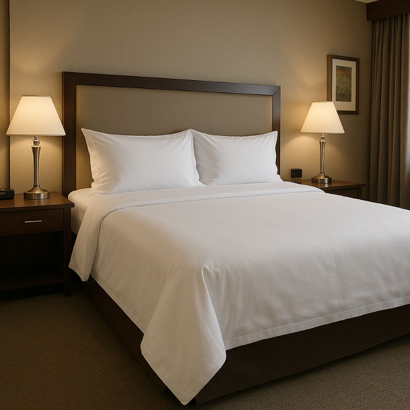 Neatly made bed in a bedroom with two lamps on nightstands.