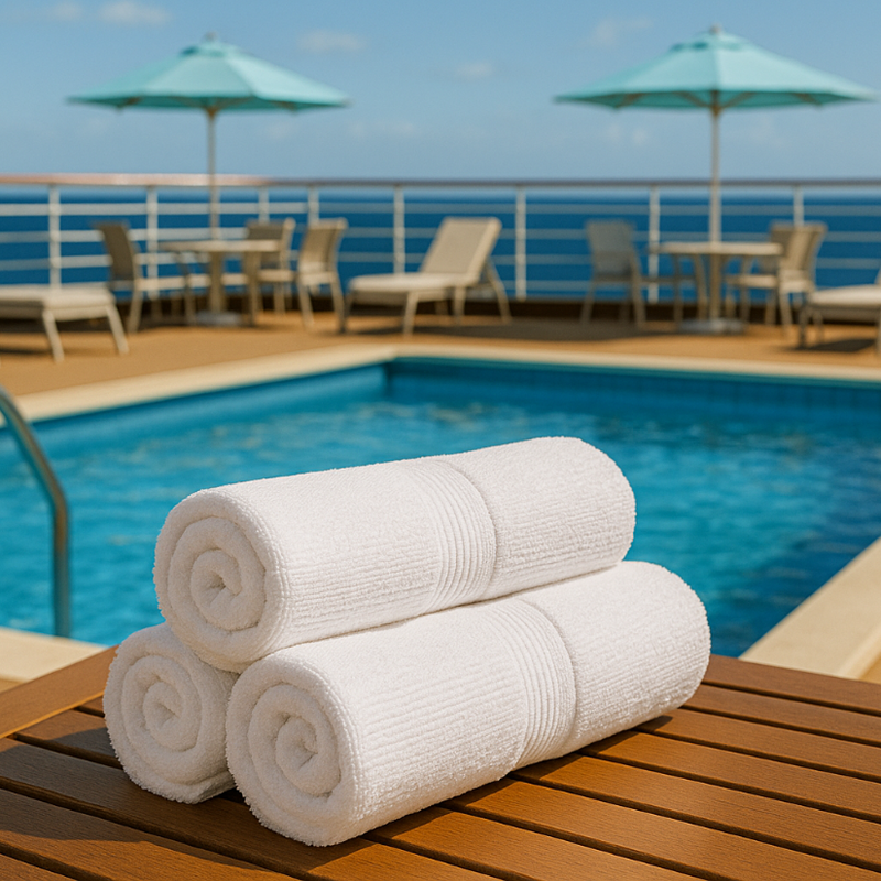 Three rolled-up towels on a wooden ledge by a pool with chairs and umbrellas in the background.