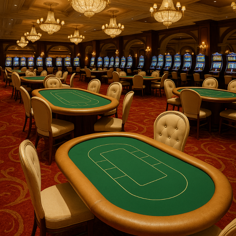 Casino interior with poker tables and chairs
