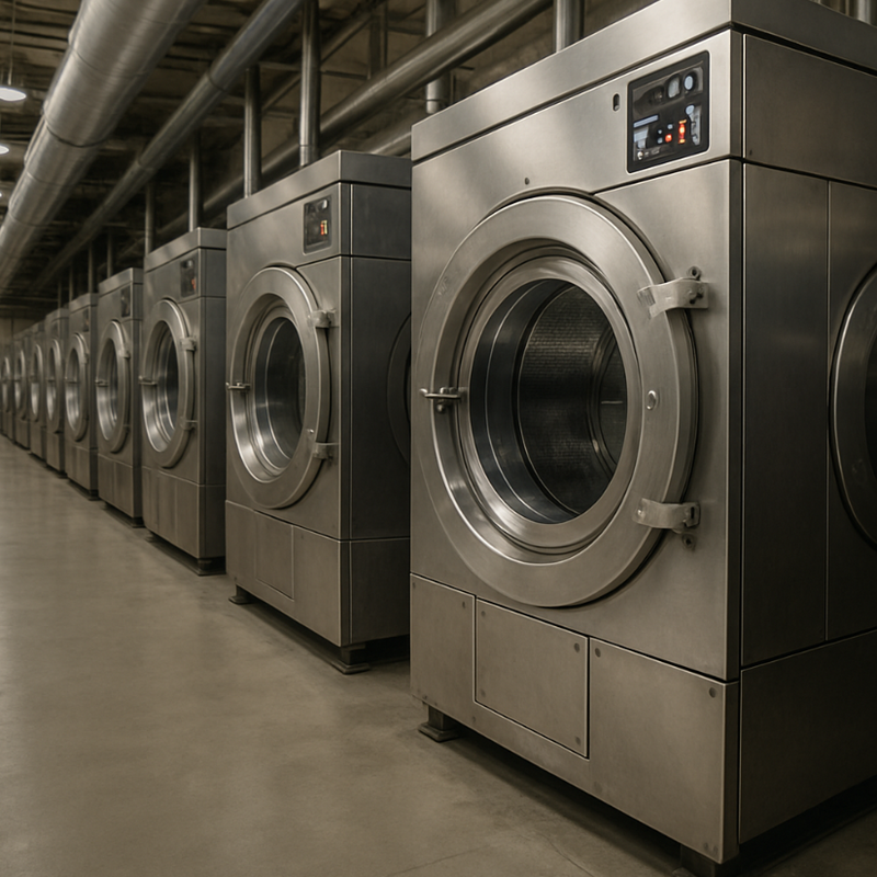 Row of industrial washing machines in a laundry facility.