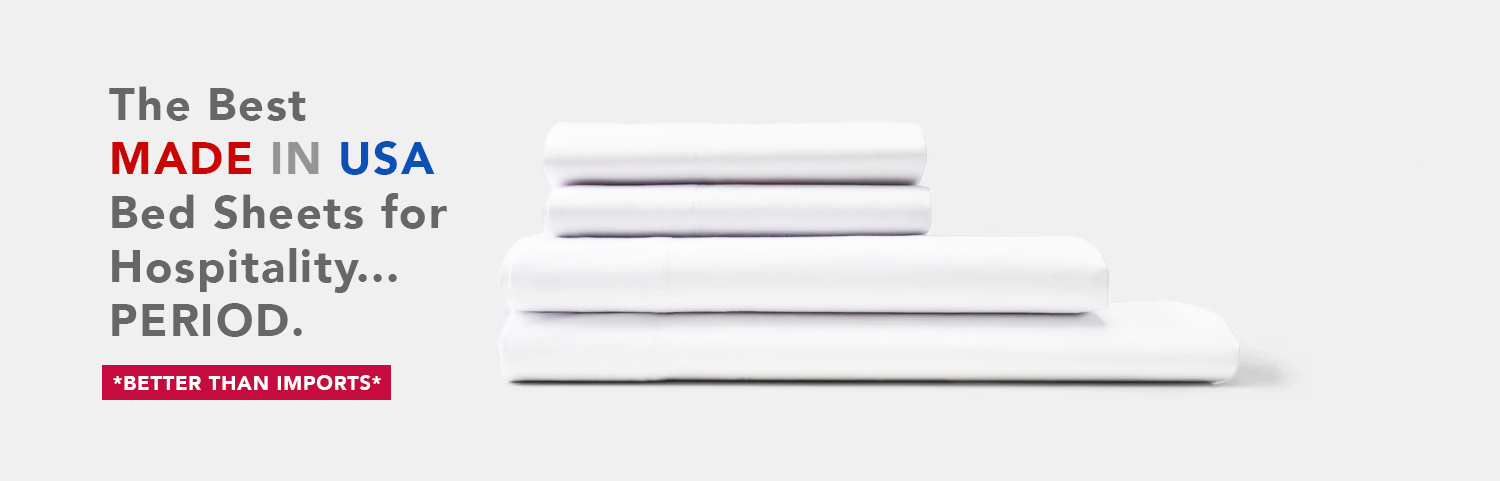 Stack of white bed sheets with text about Made in USA quality on a white background