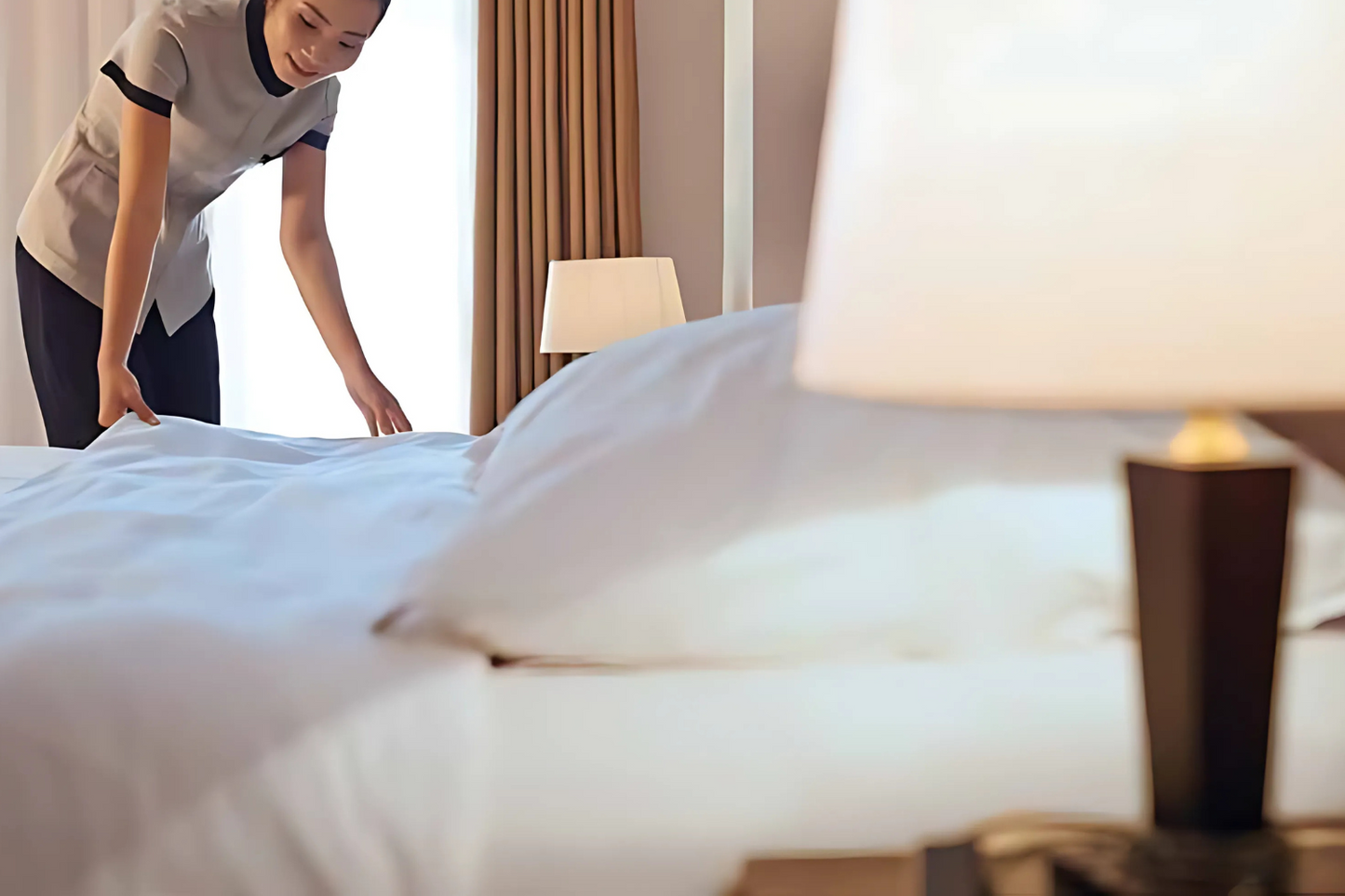 Hotel Bed Duvet Cover-Sham white Sateen T310 CotPoly Satin Stripe on bed