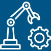 Robotic arm and gear icon on a blue background