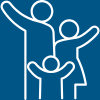 Icon of three people with arms raised, symbolizing unity or achievement.