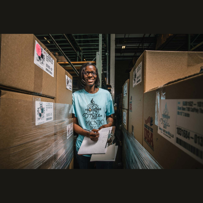 Lady in warehouse